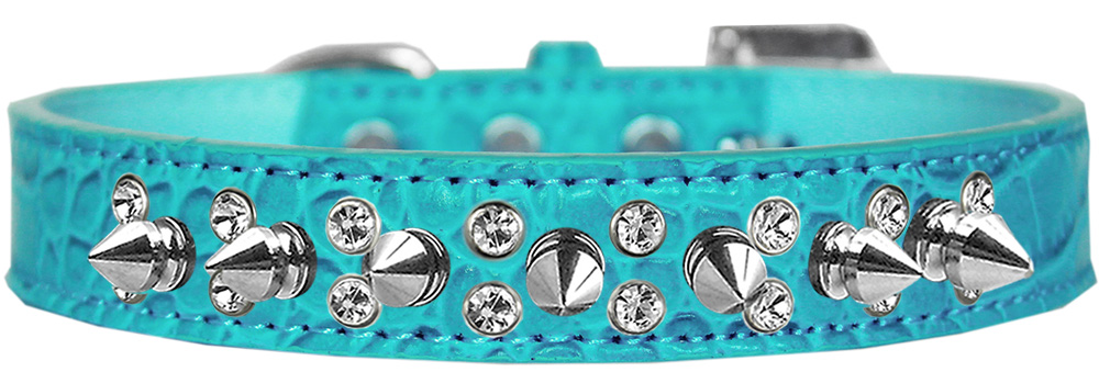 Double Crystal and Spike Croc Dog Collar Turquoise Size 20